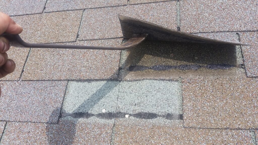 Pull the shingle up carefully to expose the nails underneath.