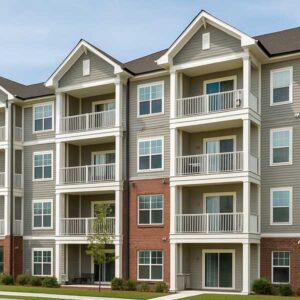 Modern multi-family apartment building with balconies in Virginia Beach